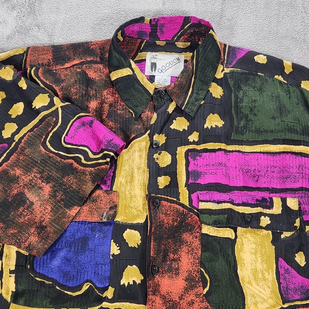 Vintage Goouch Shirt Mens Large Multicolor Silk Abstract Short Sleeve Button Up